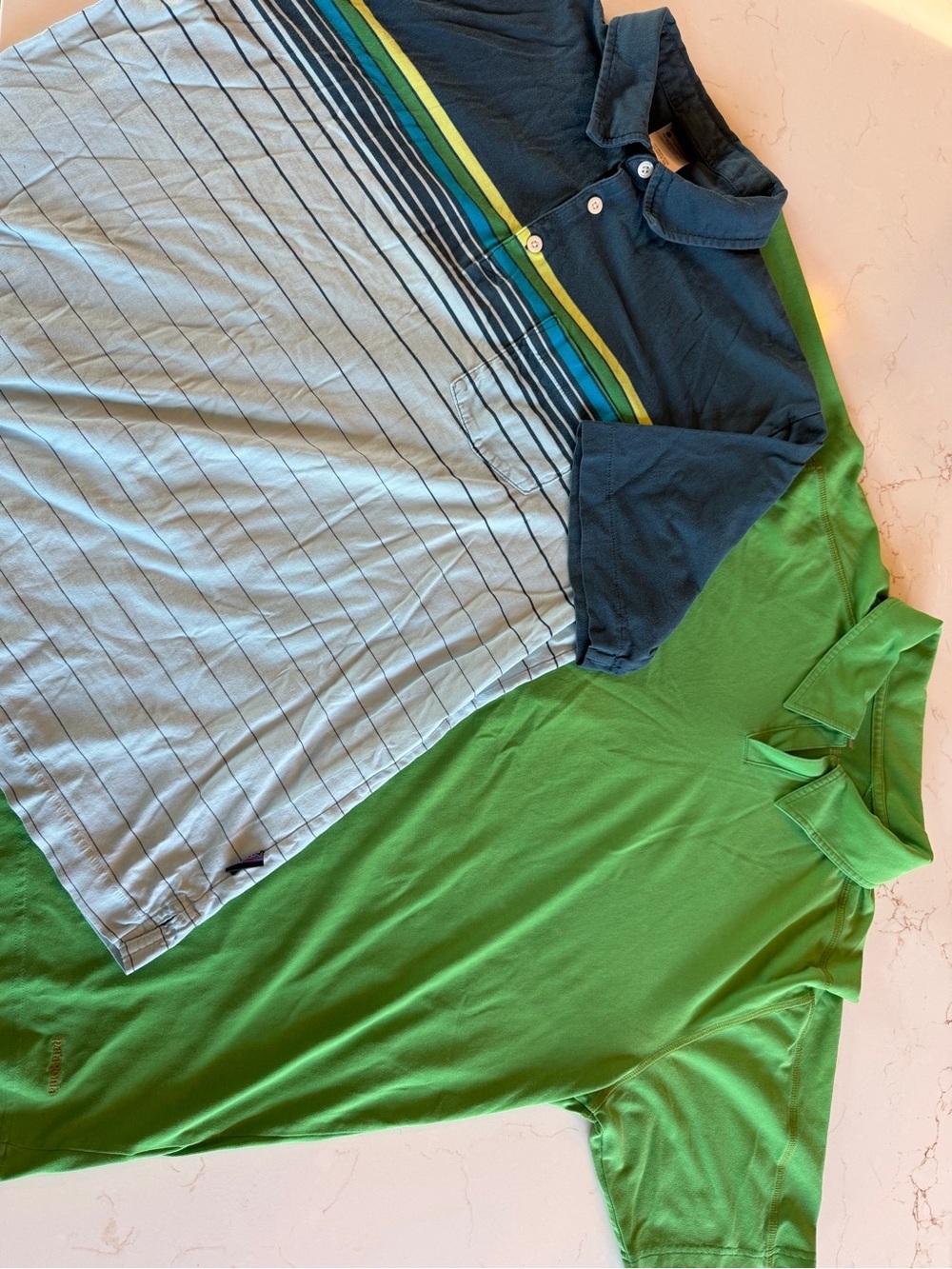 Patagonia Men's BUNDLE Green & Navy Polo Duo - Striped Detail Organic Cotton LG